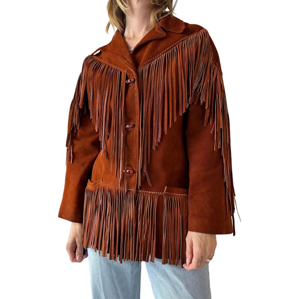 Women's Brown Western Suede Leather Jacket with Fringe Work