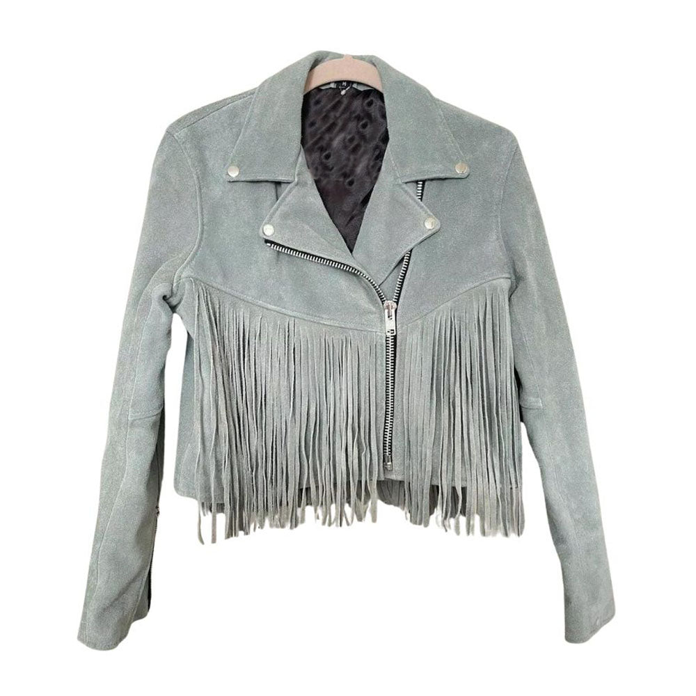 Women's Gray Western Suede Leather Jacket with Fringe Work