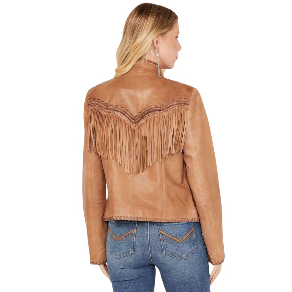 Women's Light Brown Western Fringe Cowhide Leather Jacket Boho Cowgirl Style