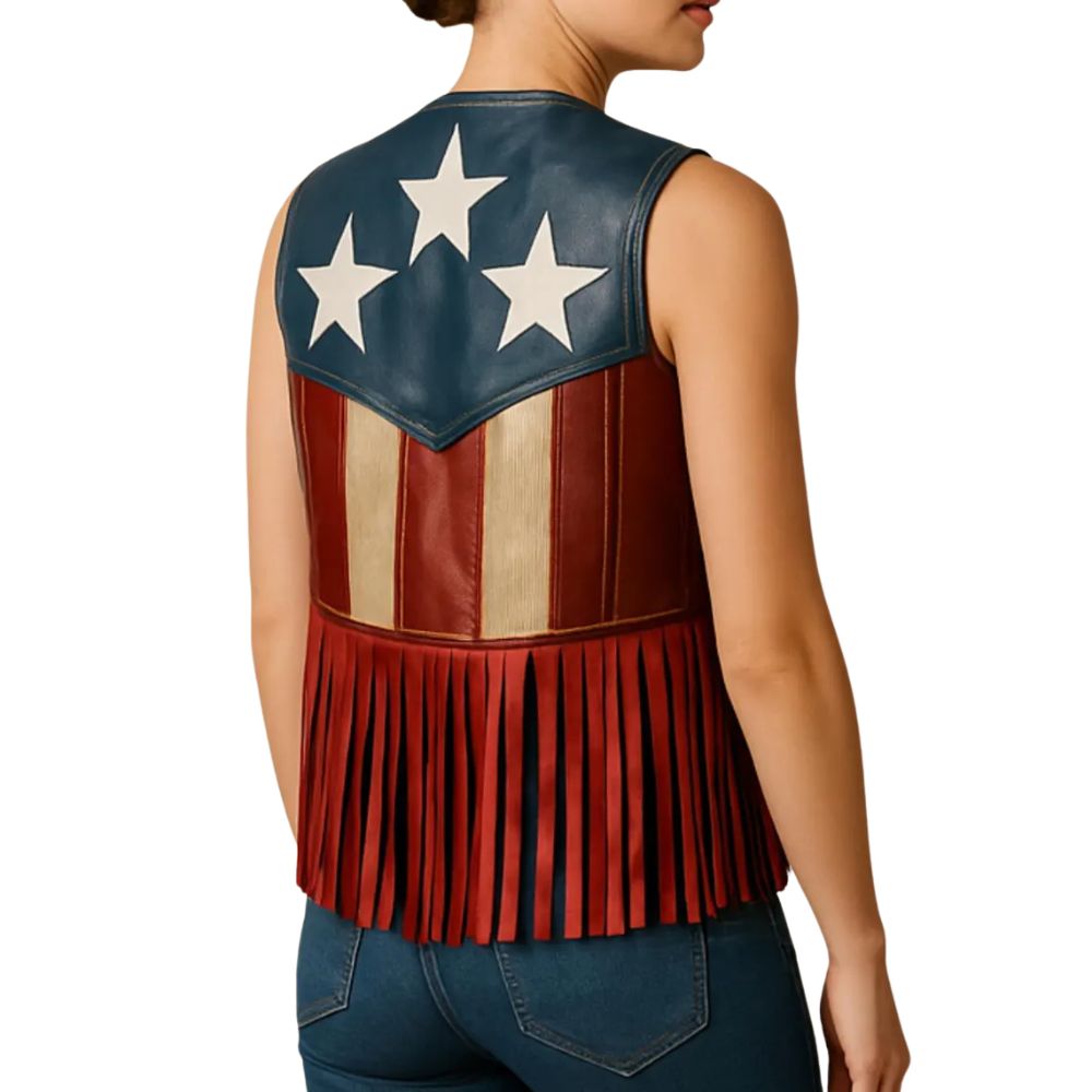 Women's Patriotic Western Leather Vest – USA Flag Style with Fringe & Star Detail