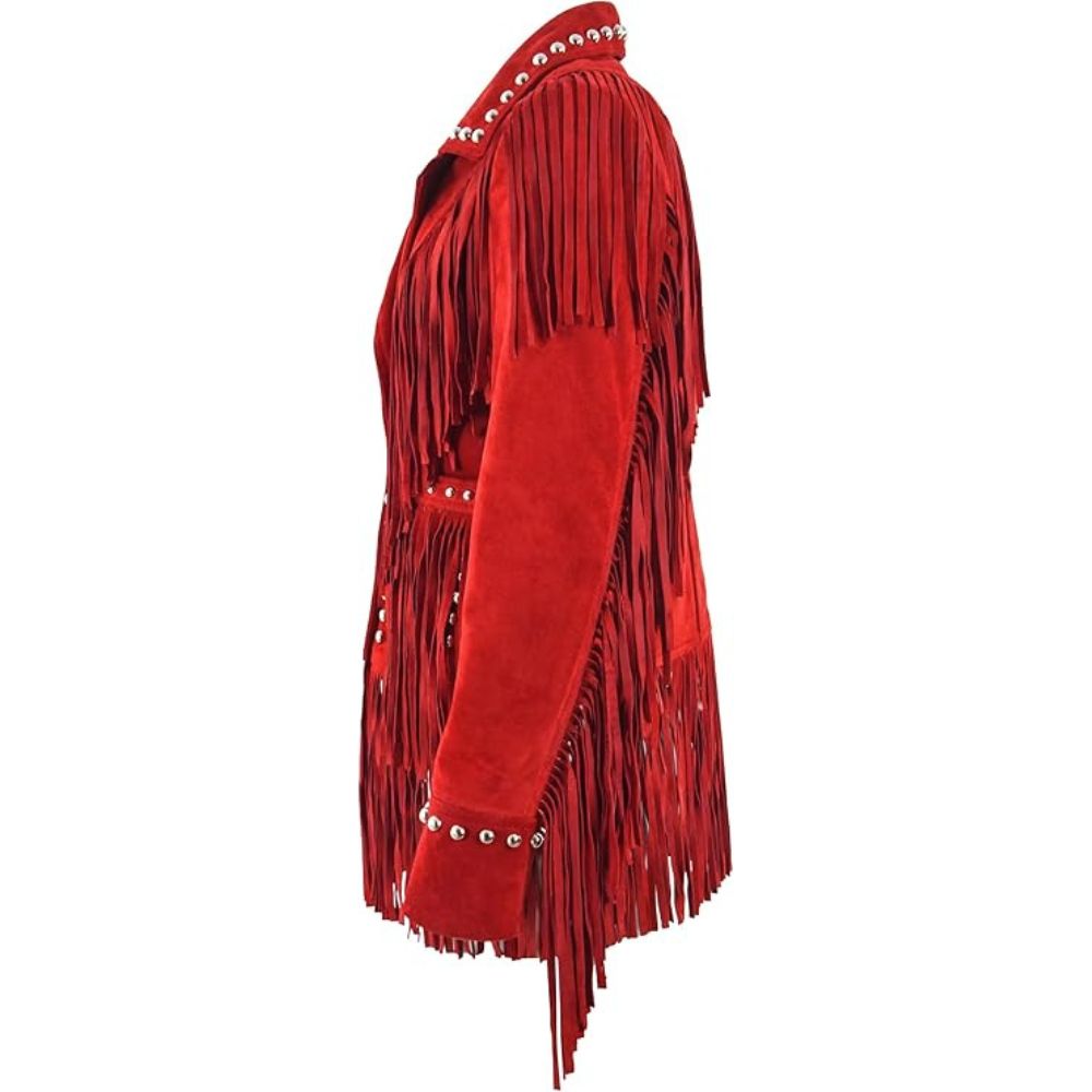 Women's Red Suede Western Jacket with Fringe & Studded Working