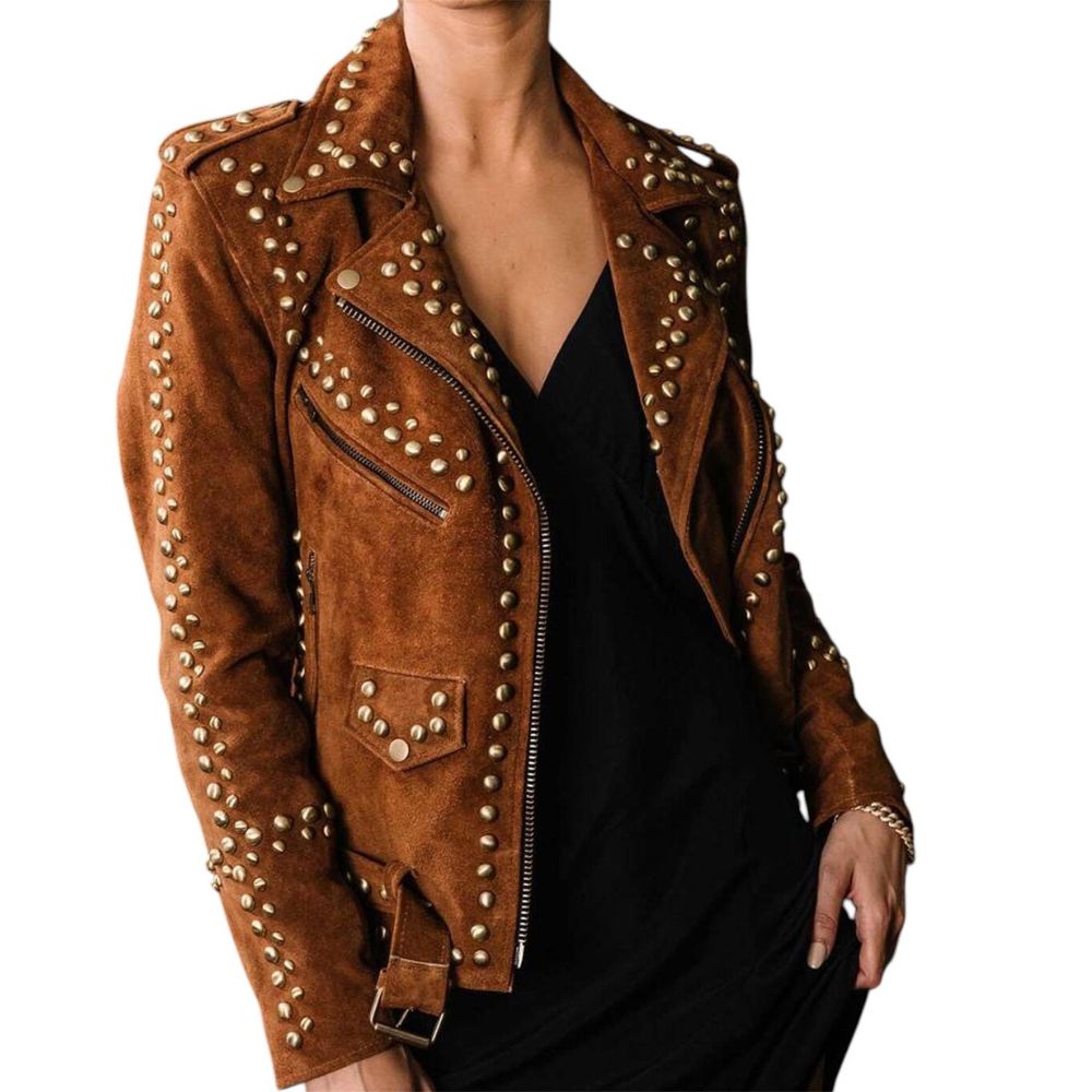 Women's Western American Style Suede Leather Jacket Fashion Studded Vintage