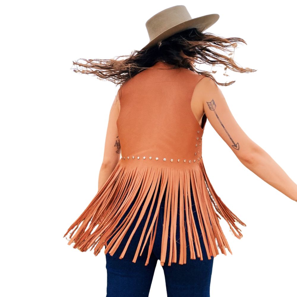 Women's Western Brown Fringe Leather Vest – Studded Cowgirl Style