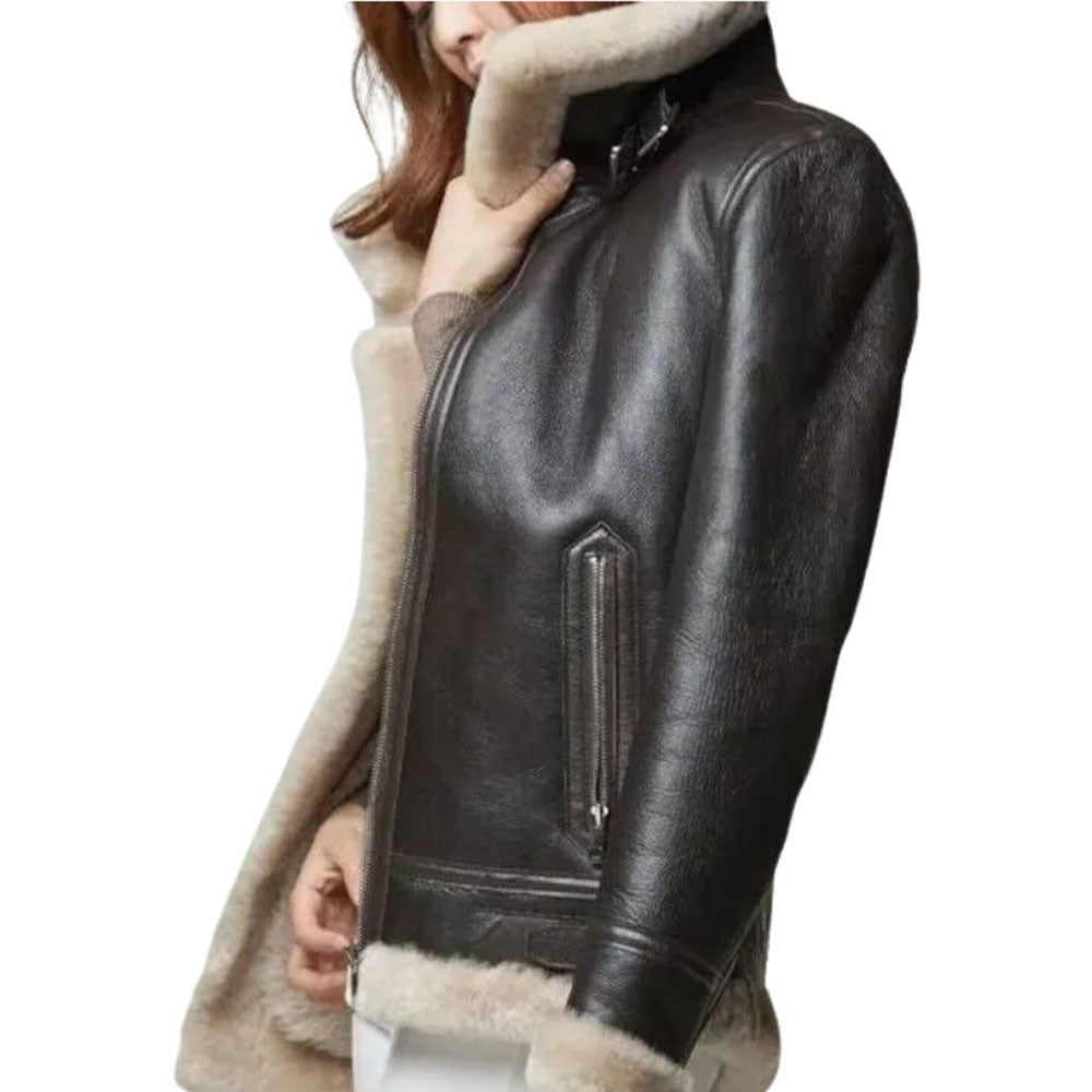 Women's B3 RAF Black Aviator Bomber Real Leather Jacket with Faux Fur Trim