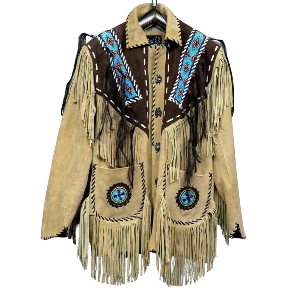 Men’s Beige Western Suede Leather Jacket Fringe & Beaded Handmade