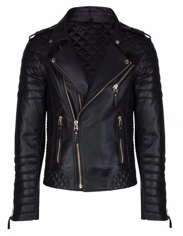 Men’s Black Cowhide Leather Motorbike Jacket – Biker Style with Asymmetrical Zipper