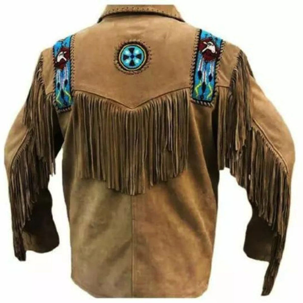 Men’s Brown Western Leather Jacket with Fringe, Engle Beaded & Bone