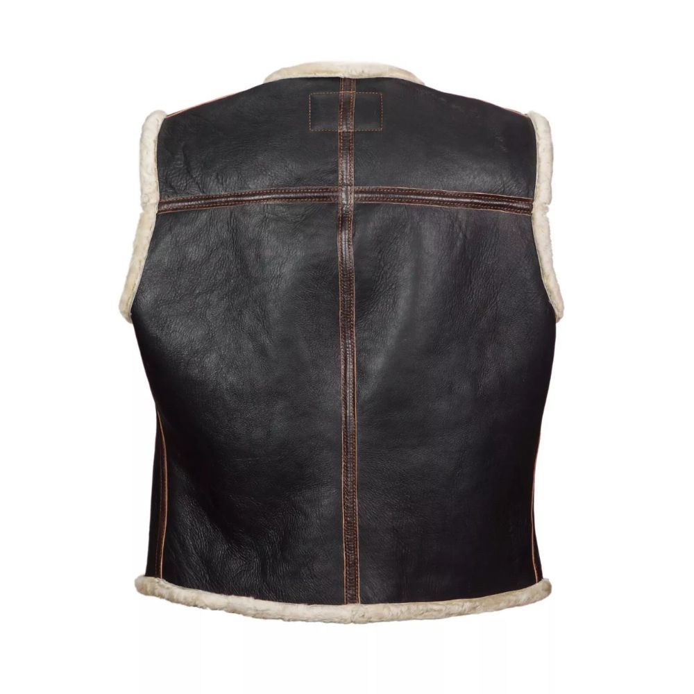 Men’s Dark Brown Cowhide Leather Vest Jacket with Faux Fur Lining