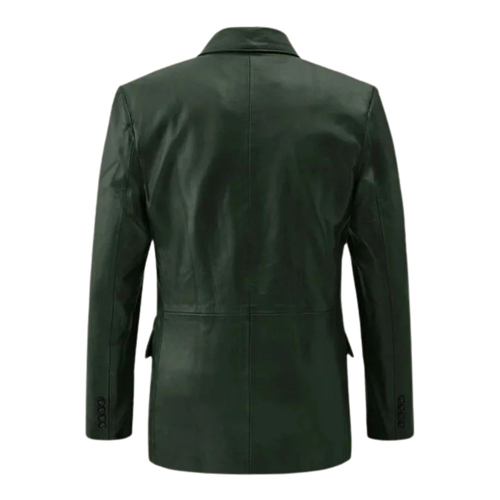 Men’s Dark Green Cowhide Leather Blazer Jacket – Six Button Style