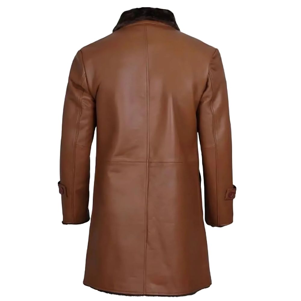 Men’s Tan Brown Cowhide Leather Jacket with 4-Button Closure & Faux Fur