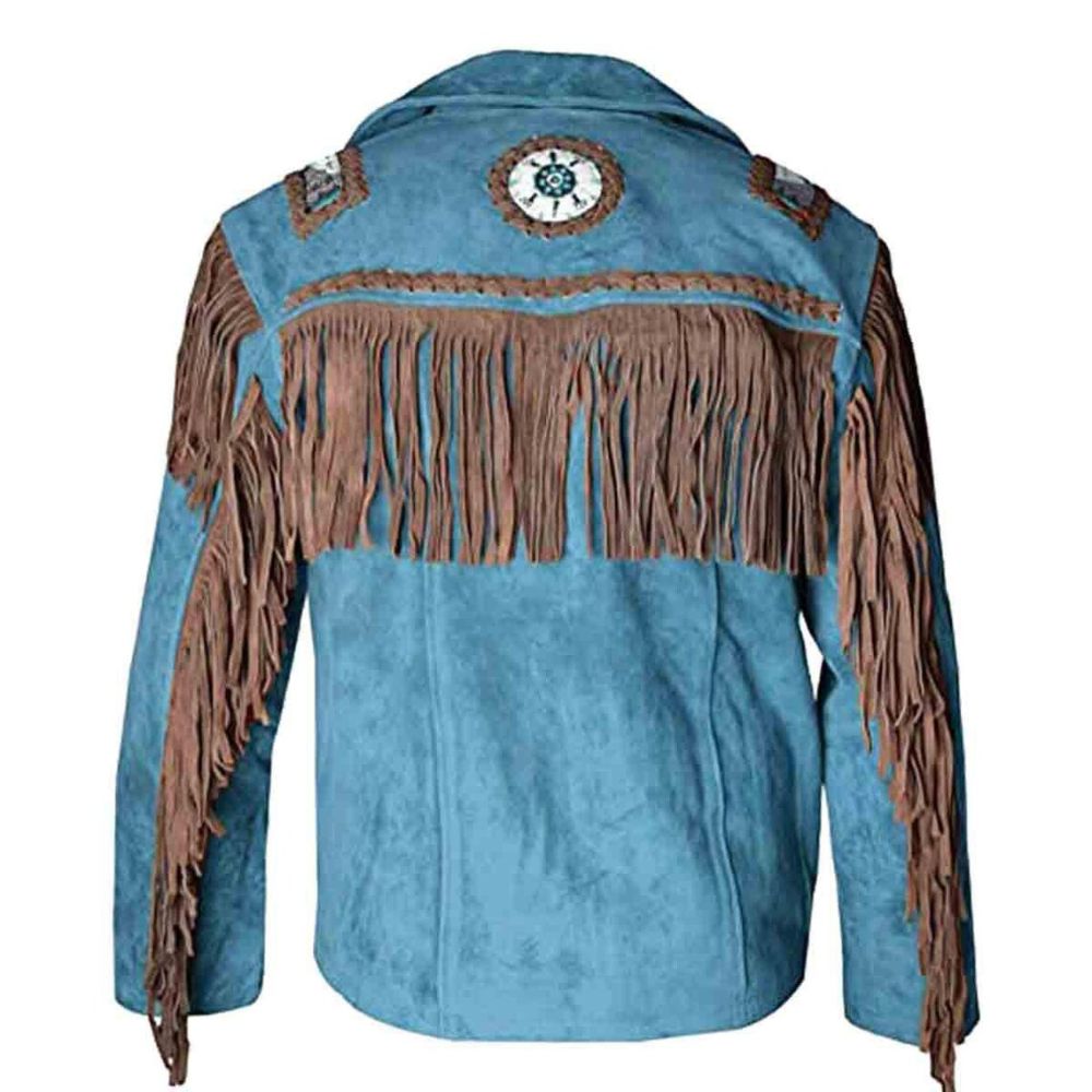 Men’s Traditional Western Style Blue Suede Leather Jacket with Fringe & Beaded
