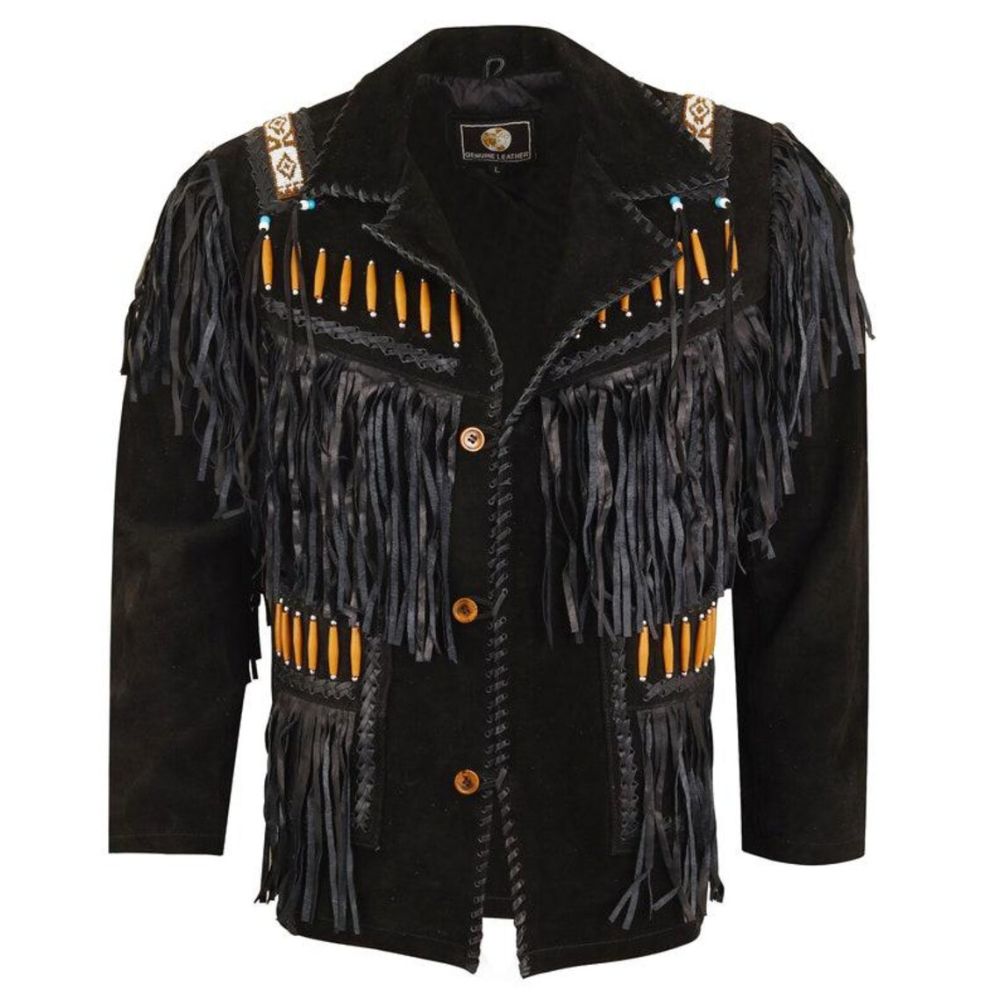 Men’s Western American Black Suede Jacket Fringe & Beaded Vintage Design