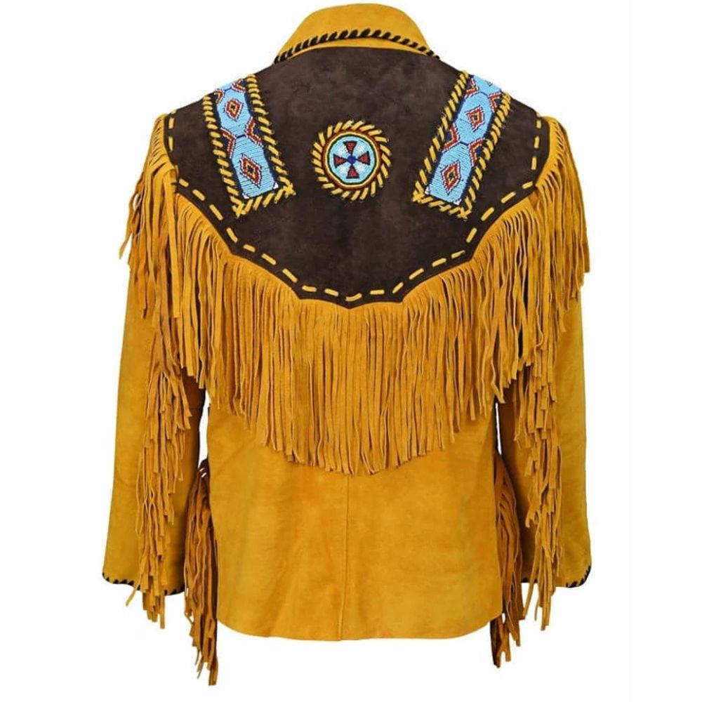 Men’s Western American Suede Leather Jacket with Fringe & Beaded Bone Work