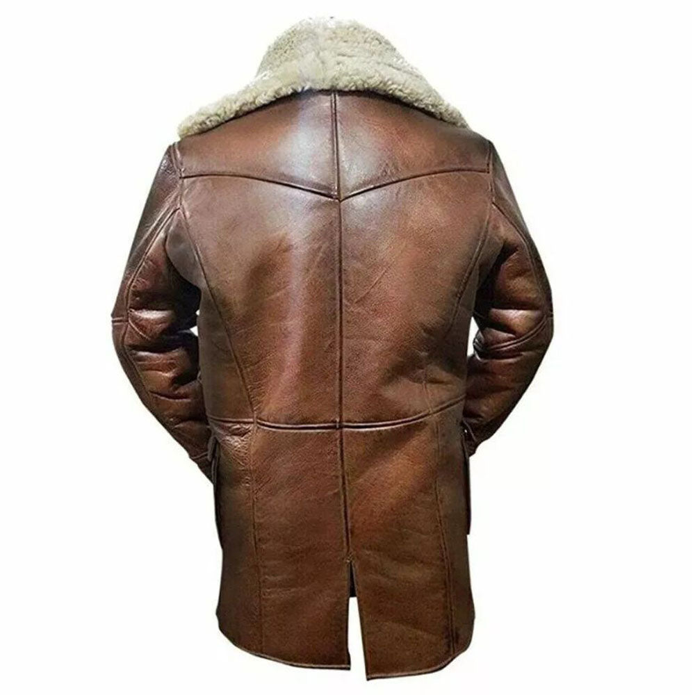 Men's American Dark Knight Brown Fur Shearling Overcoat Cowhide Leather Jacket