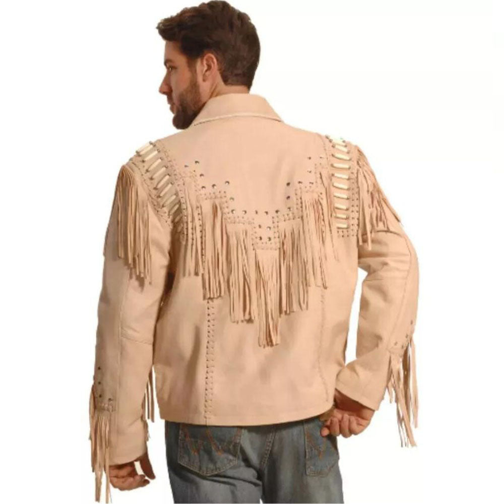 Men's Beige Western Cowhide Leather Jacket with Fringe, Studded & Bone