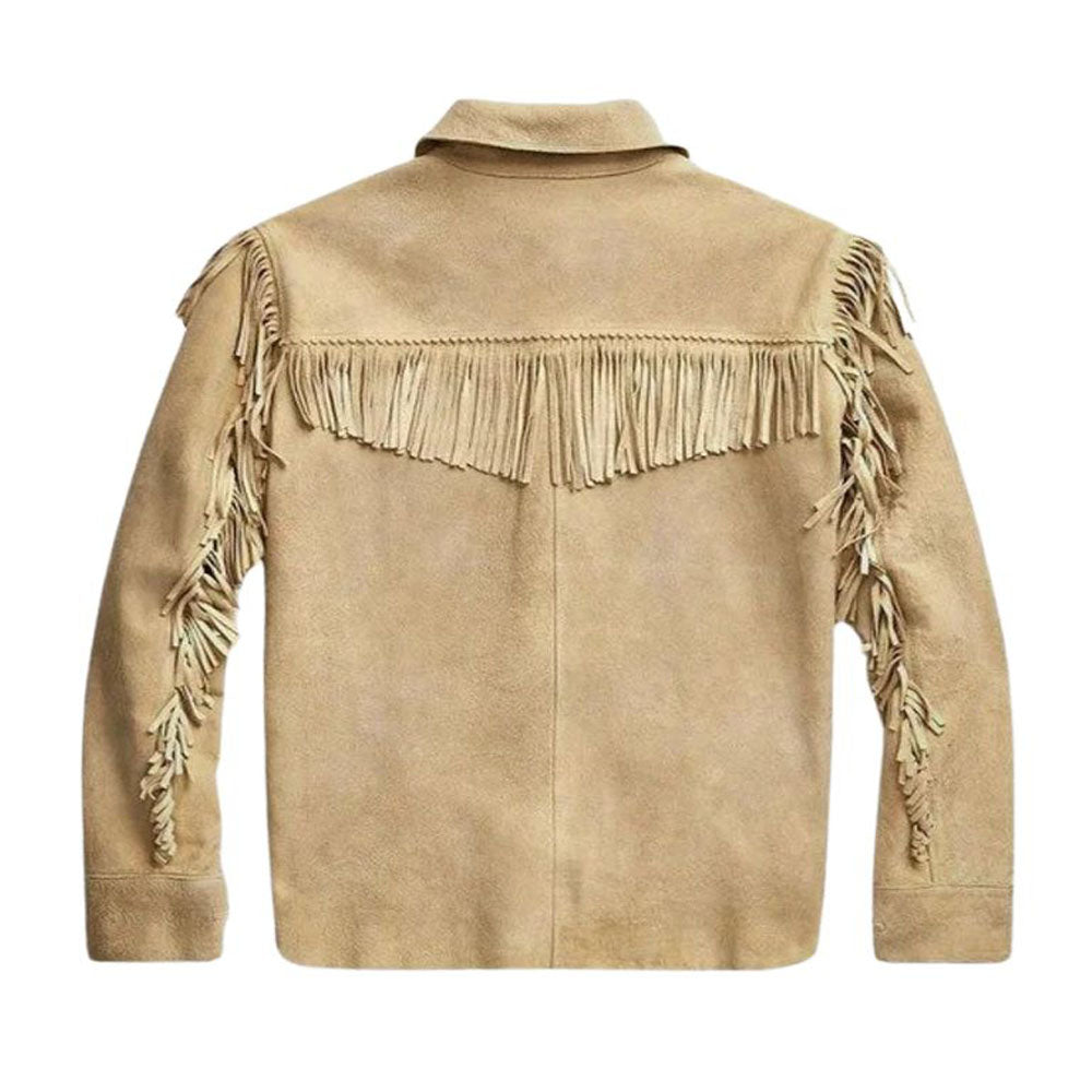 Men's Beige Western Suede Leather Shirt Jacket with Fringe