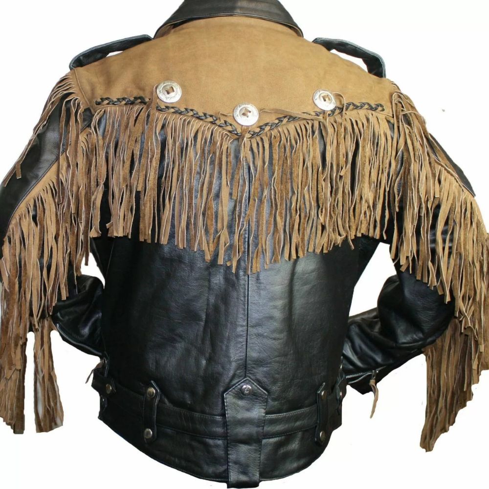 Men's Black & Brown Western Leather Jacket with Fringe & Belt