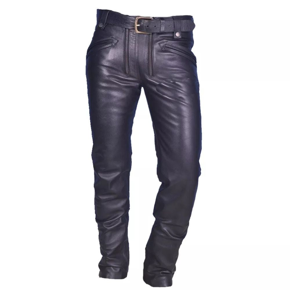 Men's Black Western American Cowhide Leather Pant with Zipper Style