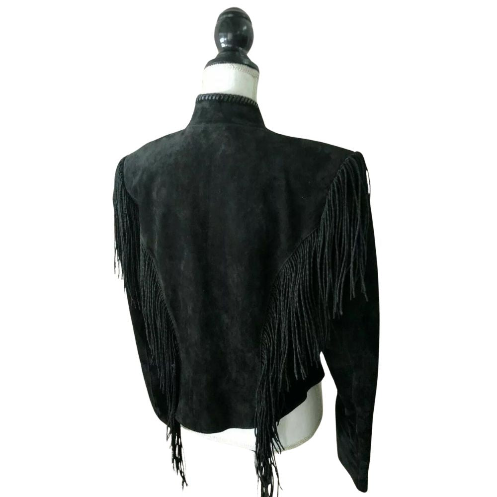 Men's Black Western Leather Jacket with Brown Bone & Fringe Work