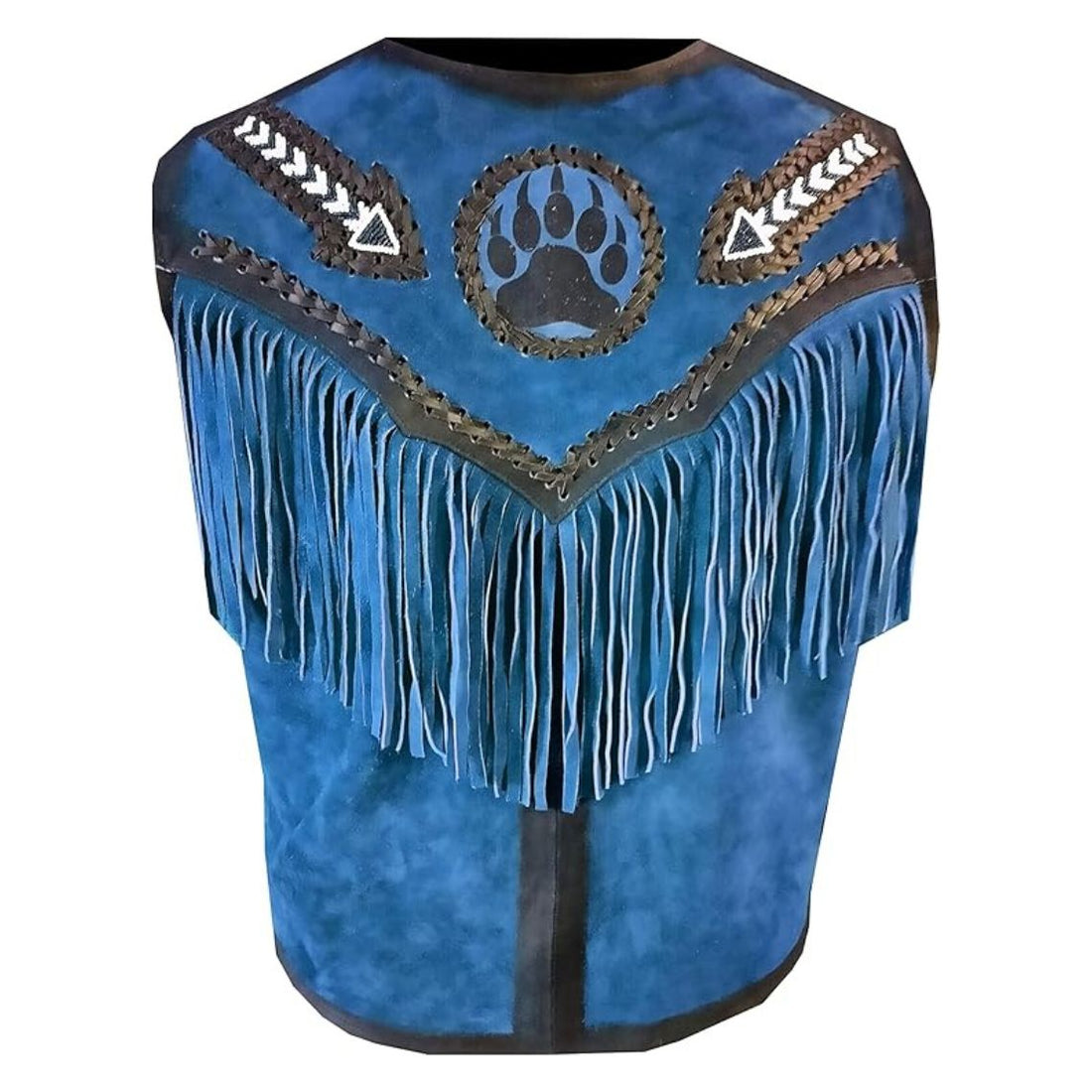Men's Blue Western Leather Fringe Vest & Tribal Beaded Detailing – Rodeo Cowboy Style
