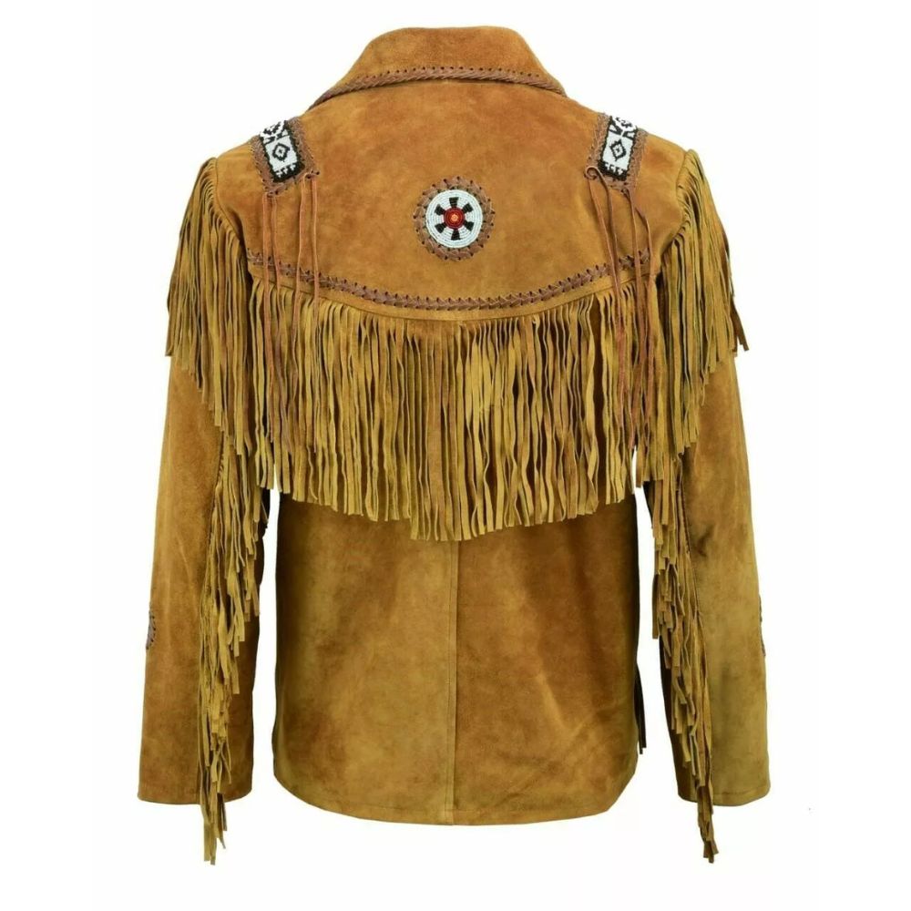 Men's Brown Western Leather Jacket with Fringe and Beaded Bone