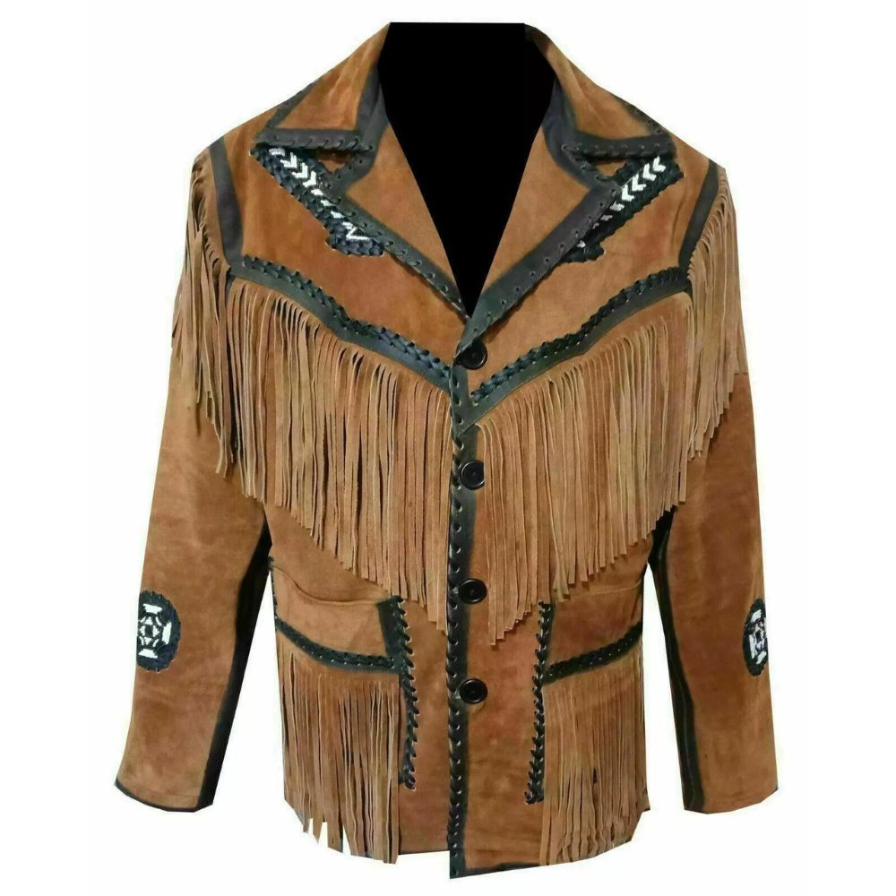 Men's Brown Western Leather Jacket with Fringe and Beaded Work