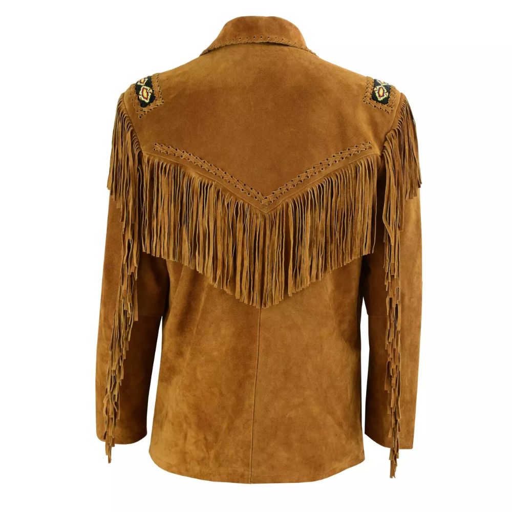 Men's Brown Western Leather Jacket with Fringe & Bone Work