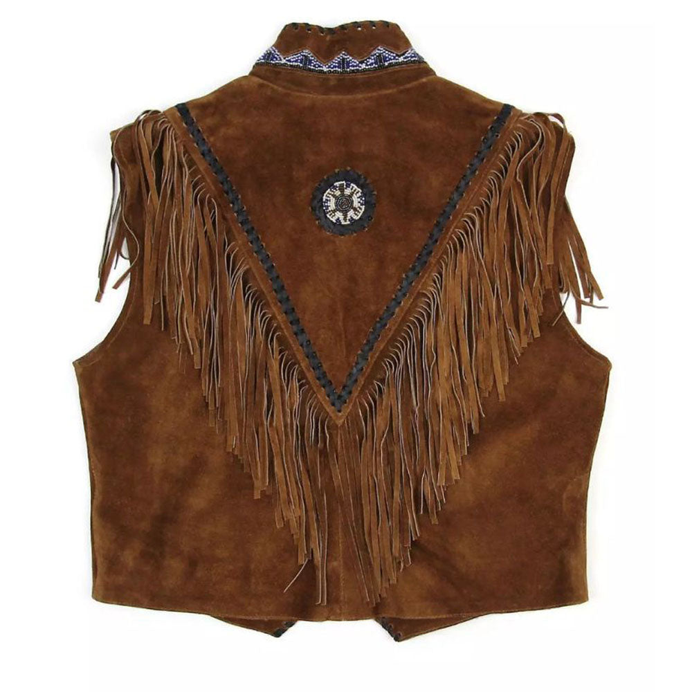 Men's Brown Western Leather Vest Jacket with Fringe & Beaded Bone Work