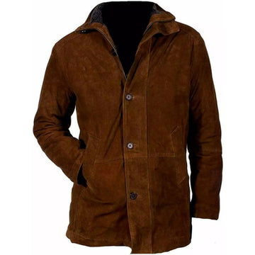 Men's Brown Western Suede Leather Overcoat Jacket with Fur Collar