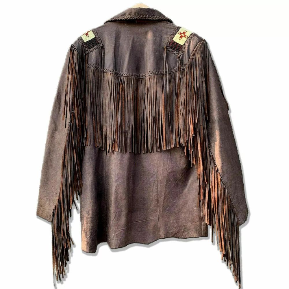 Men's Dark Brown Western Leather Jacket with Fringe & Beaded Work