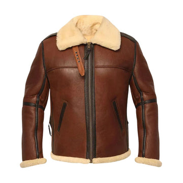 Men's Reddish RAF Aviator B3 Flying Bomber Real Leather Fur Jacket