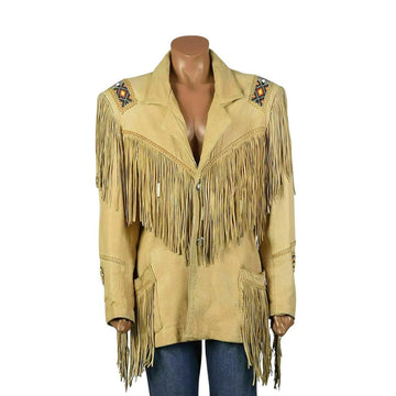 Women’s Beige Western Cowhide Leather Jacket with Fringe & Beaded Work