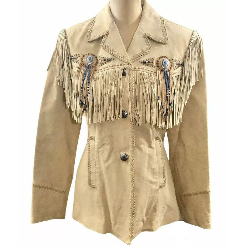 Women’s Beige Western Leather Jacket with Fringe and Beaded Work