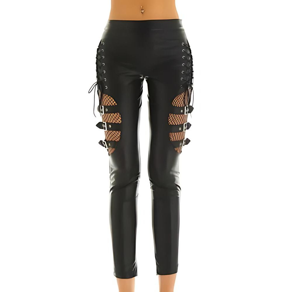 Women’s Black Cowhide Leather Pants - Lace-Up Wet Look Stretch Leggings