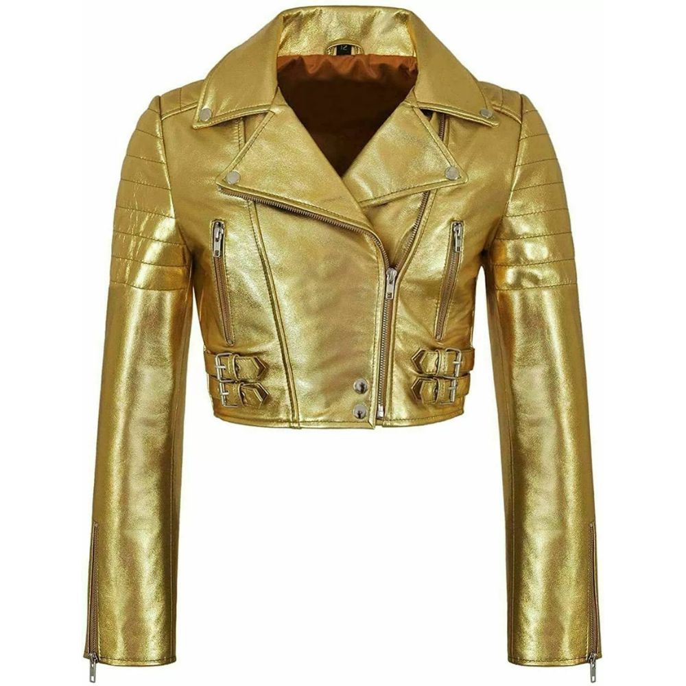 Women’s Golden Short Body Cropped Motorcycle Foiled Leather Biker Jacket