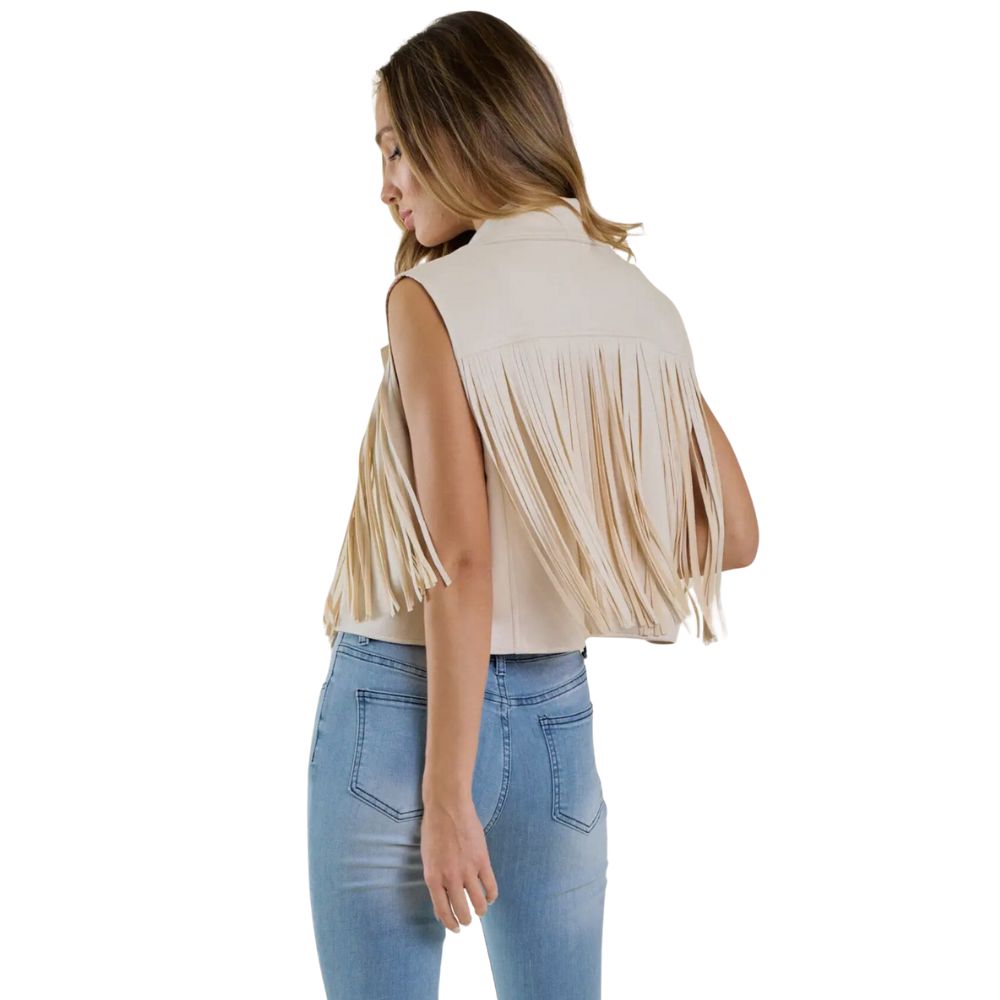 Women's Beige Suede Western Fringe Leather Vest – Cowgirl Sleeveless Style