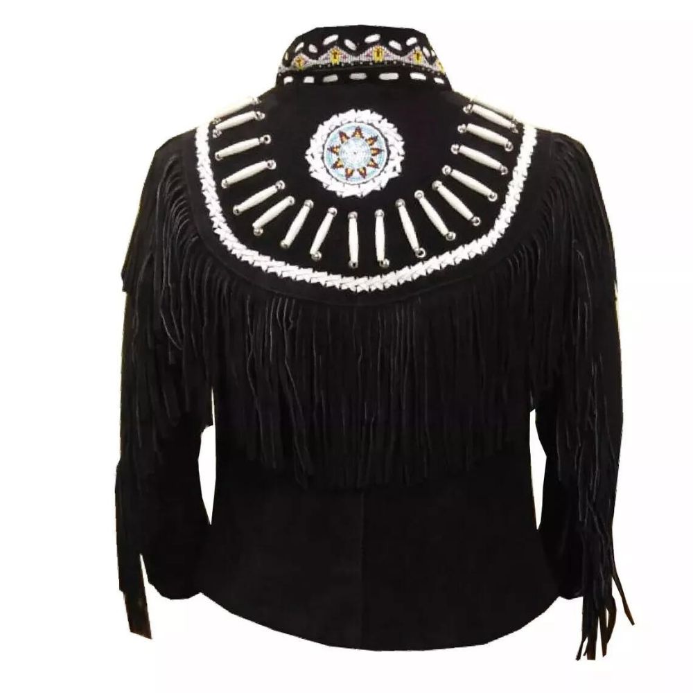 Women's Black Western Suede Leather Jacket with Fringe and Beaded Work