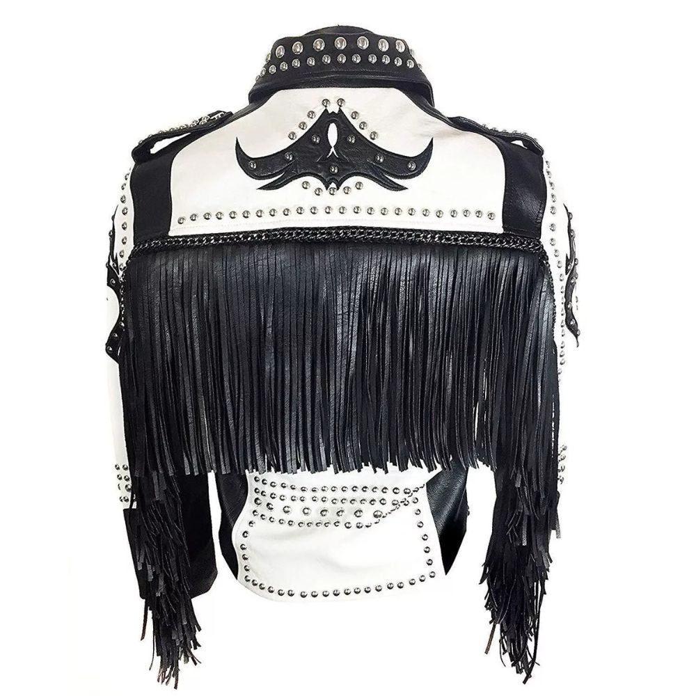 Women's Black & White Western Cowhide Leather Jacket with Studded Accents