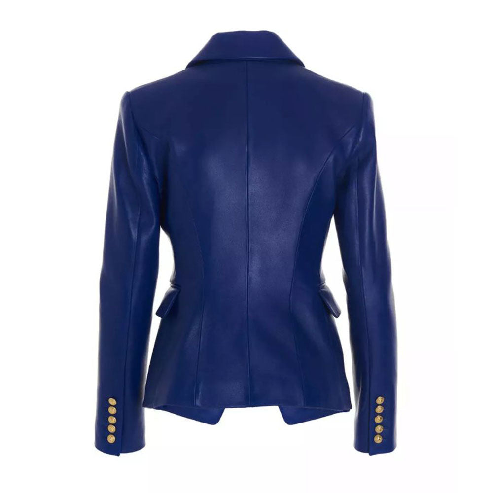 Women's Blue Western Leather Blazer Jacket with Six-Button Style