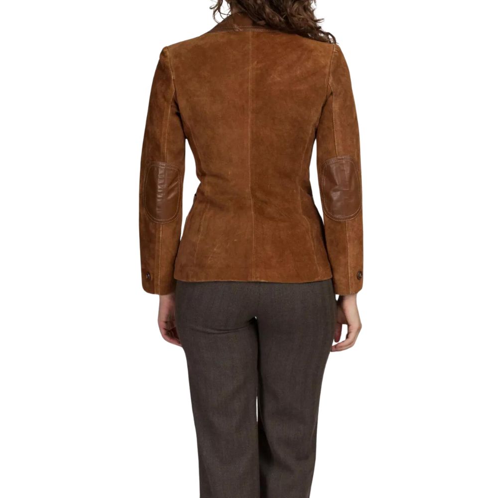 Women's Brown Western Leather Blazer Jacket with Three Button