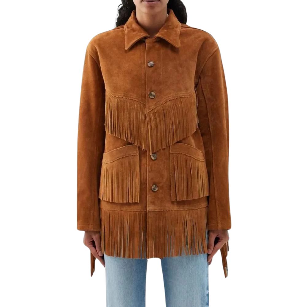 Women's Brown Western Leather Jacket with Fringe & Handmade Work