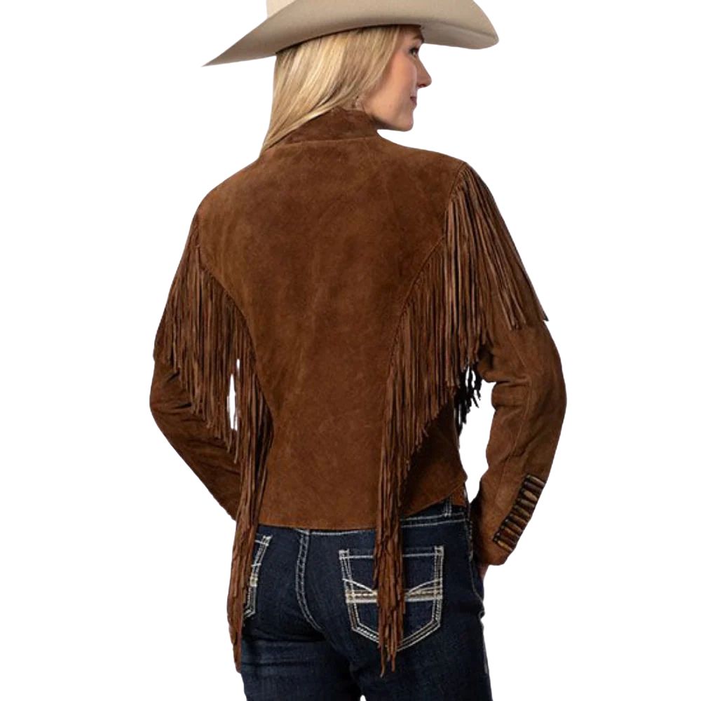 Women's Brown Western Suede Leather Fringe Jacket – Cowgirl Style & Bone Beaded Work