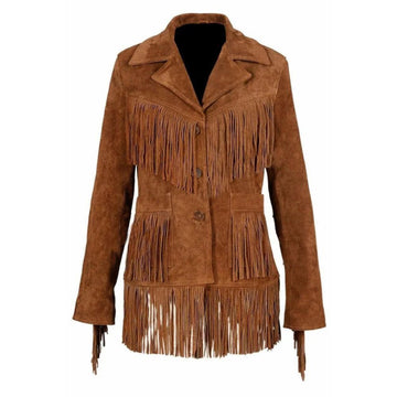 Women's Brown Western Suede Leather Jacket with Fringe Work