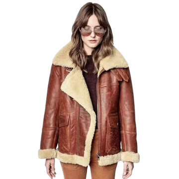 Women's Brownish Bomber Aviator Cowhide Leather Jacket with Fur Overcoat