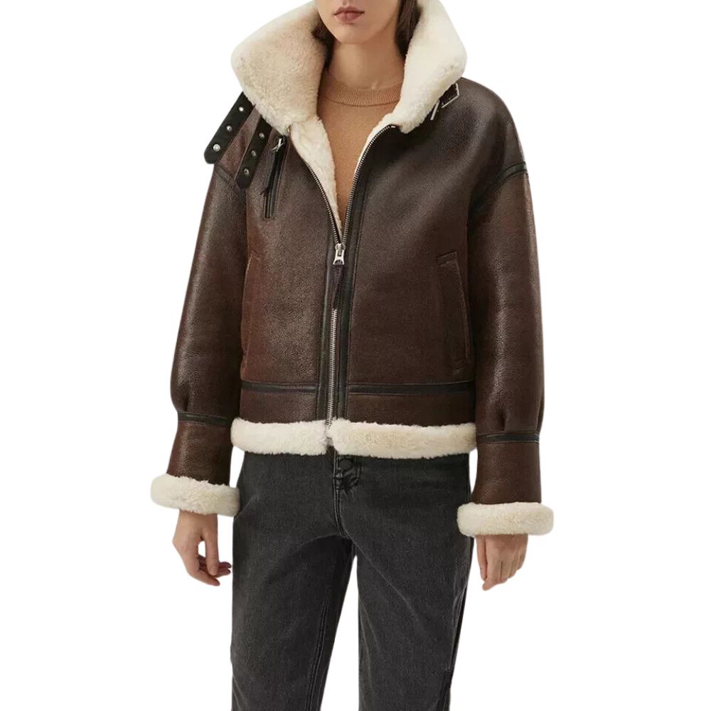 Women's Dark Brown RAF B3 Aviator Bomber Cowhide Leather Jacket with Fur