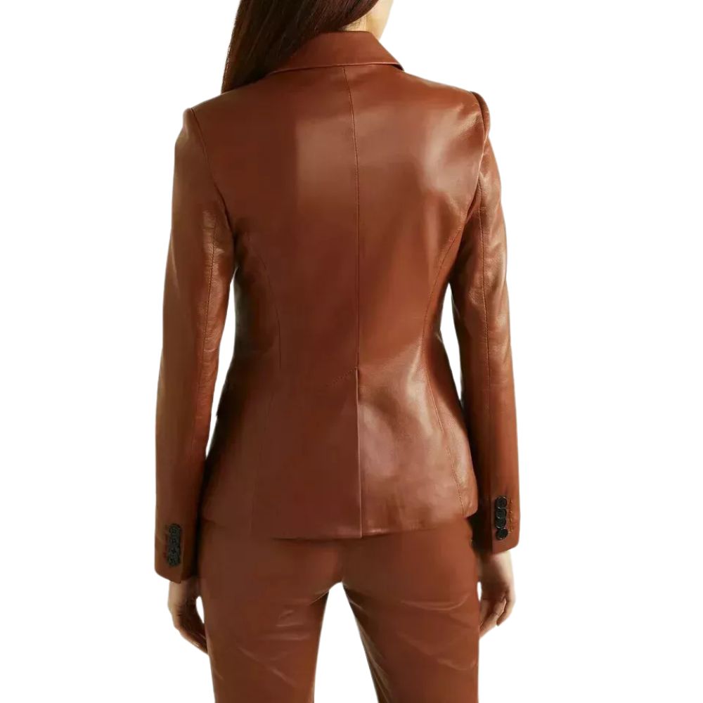 Women's Dark Brown Western Leather Blazer Jacket with Three Pockets