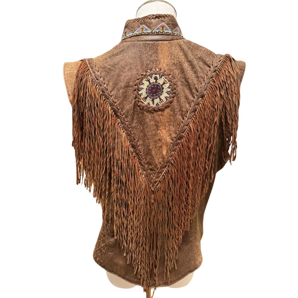 Women's Brown Western Genuine Bone Studded Fringe Leather Vest Jacket