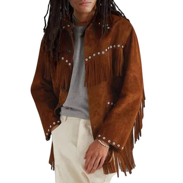 Men's Brown Western Suede Fringe Jacket with Grommet Detailing