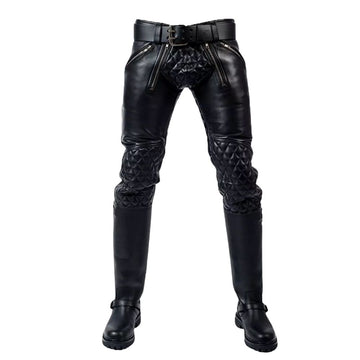 Men’s Black Western American Cowhide Leather Pants with Diamond Detail