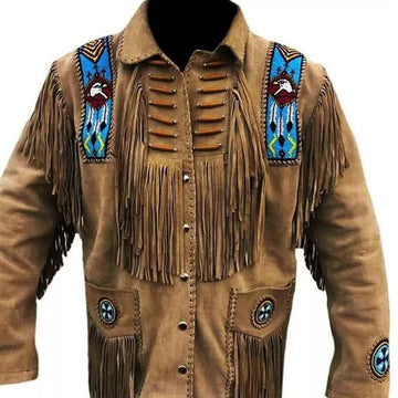 Men’s Brown Western Leather Jacket with Fringe, Engle Beaded & Bone